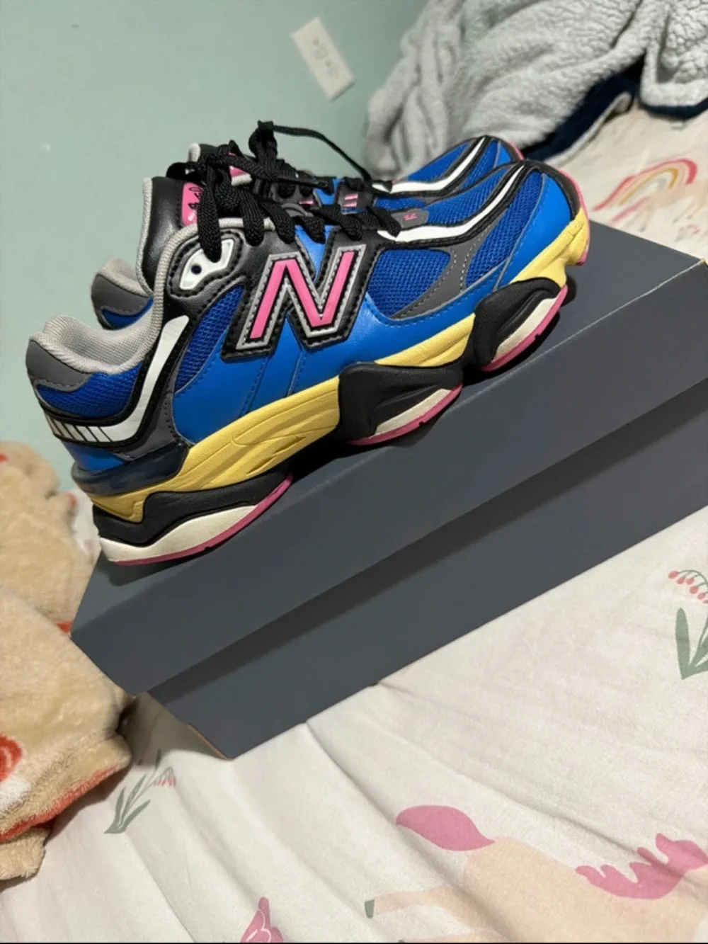 New Balance Kids Royal Blue Sneakers with Pink and Yellow Accents
